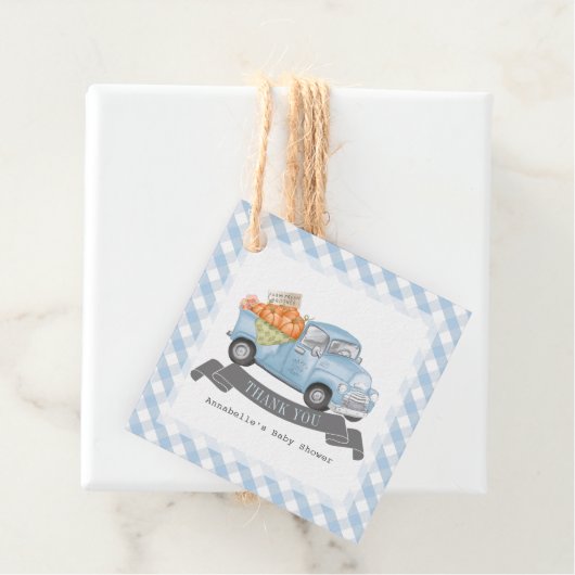 Blauw pompoen vrachtwagen Gingham Boy Baby shower Bedankjes Labels (In situ)