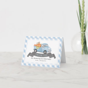 Blauw pompoen vrachtwagen Gingham Boy Baby shower Bedankkaart