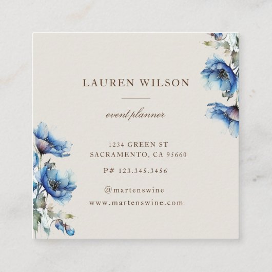 Blauw Poppy Flower Elegant Visitekaartje (Achterkant)