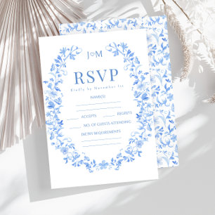 Blauw porselein bloemenfolk bruiloft RSVP kaarten Kaartje
