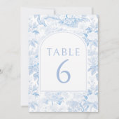 Blauw porselein boho arch bruiloft tafel nummers kaart (Voorkant)
