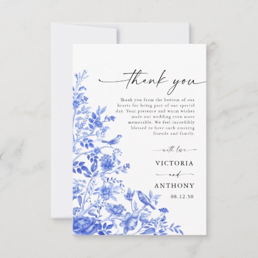 Blauw porselein bruiloft flat dank u kaart (Voorkant)