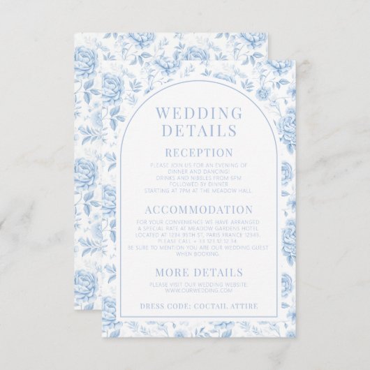 Blauw Porselein Chinoiserie Bloemen Trouwdetails Kaart (Voorkant / Achterkant)