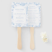 Blauw Porselein Chinoiserie Bloemen Trouwprogramma Handwaaier (Voorkant en achterkant)