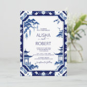 Blauw Porselein Chinoiserie Bloemenbruiloft Kaart (Staand voorkant)