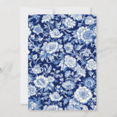 Blauw Porselein Chinoiserie Bloemenbruiloft Kaart (Achterkant)