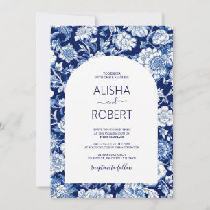 Blauw Porselein Chinoiserie Bloemenbruiloft Kaart