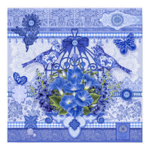 Blauw Porselein Vogels en Vogelkooi Poster 16 x 16