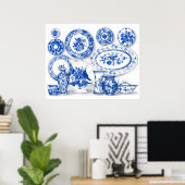 Blauw Porselein Waterverf Kunst Poster (Thuiskantoor)