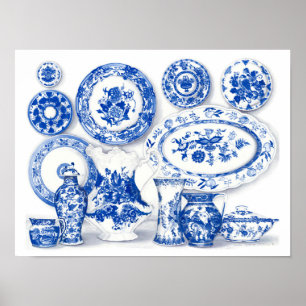Blauw Porselein Waterverf Kunst Poster