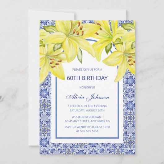 Blauw Portugees Azulejo Gele Lelie Verjaardag Kaart (Voorkant)