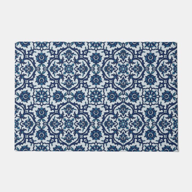 Blauw Portugees Azulejos Floral Tile Pattern Deurmat (Voorkant)