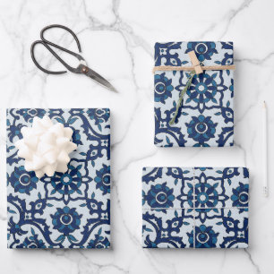 Blauw Portugees Azulejos Floral Tile Pattern Inpakpapier Vel