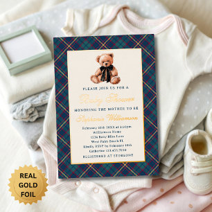Blauw Preppy Geruit Vintage Teddybeer Babyshower Folie Uitnodiging
