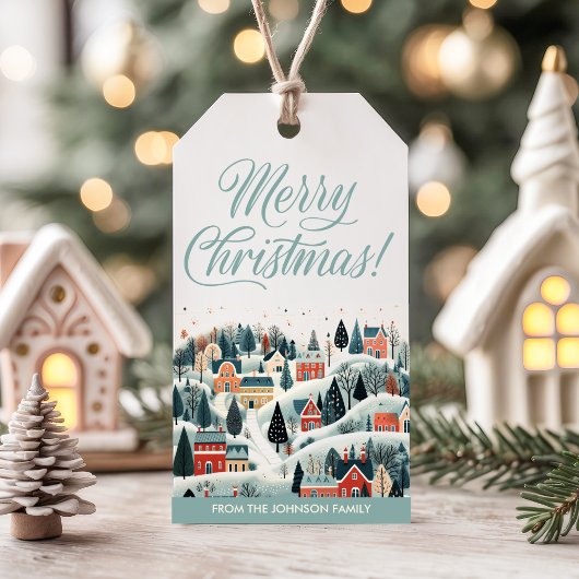 Blauw prettig kerstfeest winterdorp vakantiedagen cadeaulabel