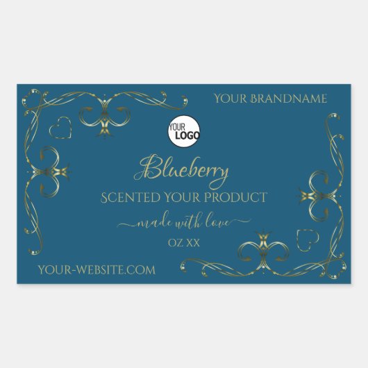 Blauw productlabel Verkleurde goudhoeken Voeg Logo Rechthoekige Sticker (Voorkant)