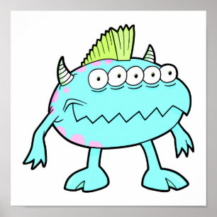 blauw punk mohawk monster veel ogen poster