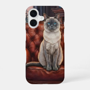 Blauw punt Siamese kat in leren stoel iPhone 16 Hoesje