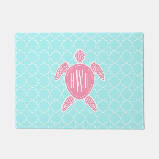 Blauw Quatrefoil + Roze Zee Turtle Monogram Doorma Deurmat (Voorkant)