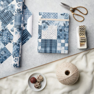 Blauw Quilt Gingham Cottagecore Bloemmotief Cadeaupapier