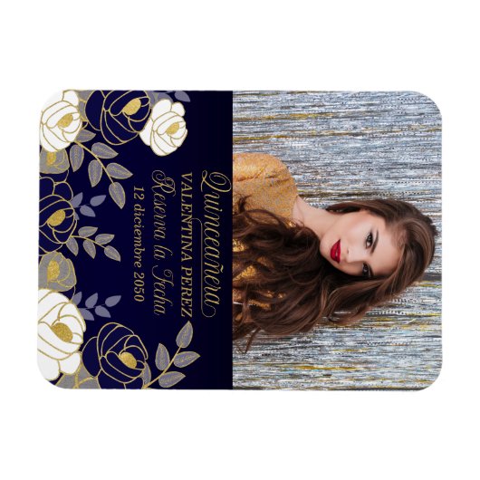 Blauw Quinceanera met Gold Spaans sparen de datum Magneet (Horizontaal)