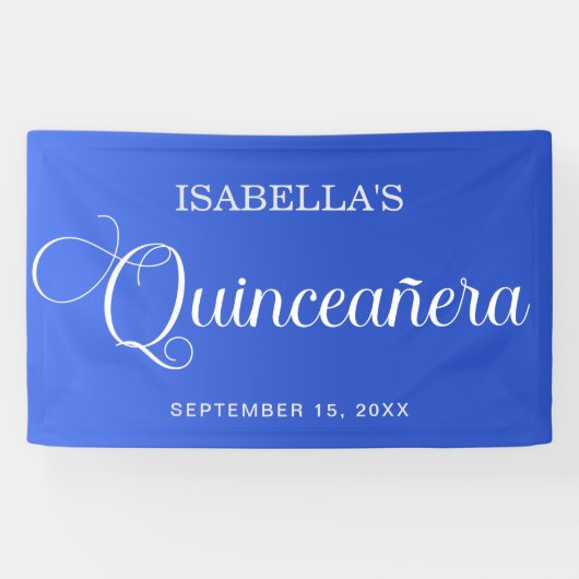 Blauw Quinceañera Verjaardag Elegant Script Spandoek (Horizontaal)