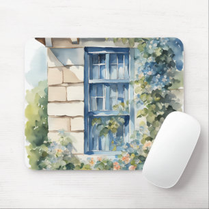 Blauw raam stenen muur cottage klimop muismat