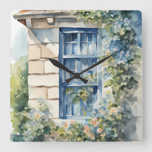 Blauw raam stenen muur cottage klimop vierkante klok