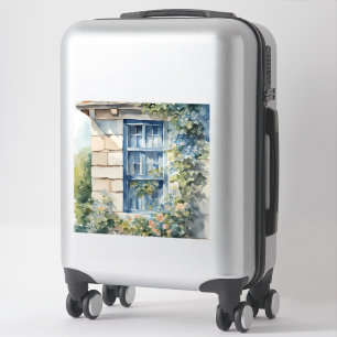 Blauw Raam Stenen Muur Cottage Wijnstokken Sticker