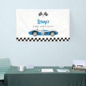 Blauw Race Auto Jongen 2e Verjaardagsfeest Spandoek (Beurs)