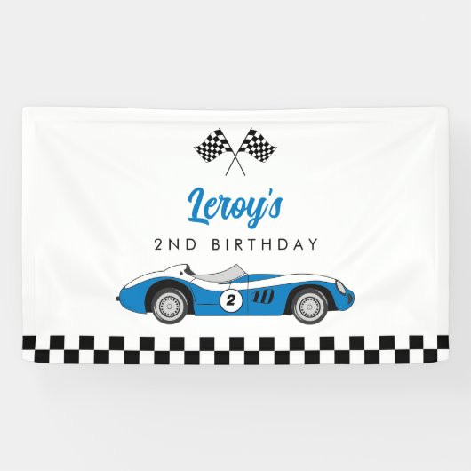 Blauw Race Auto Jongen 2e Verjaardagsfeest Spandoek (Horizontaal)