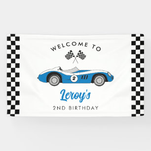 Blauw Race Car Boy 2e Verjaardag Welkom Spandoek