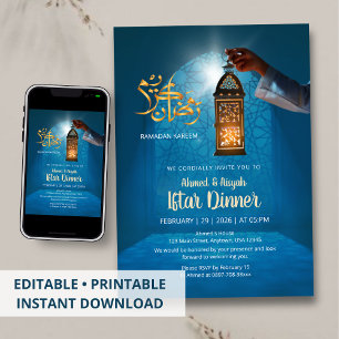 Blauw Ramadan-glans met gouden lantaarn Iftar Kaart