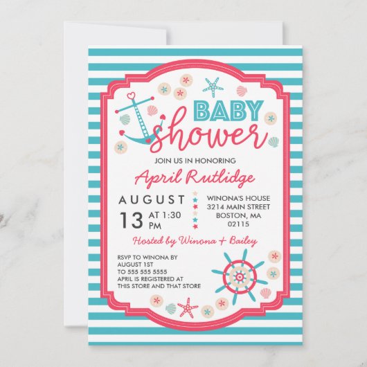 Blauw & Raspberry Red Nautisch Baby shower Kaart (Voorkant)