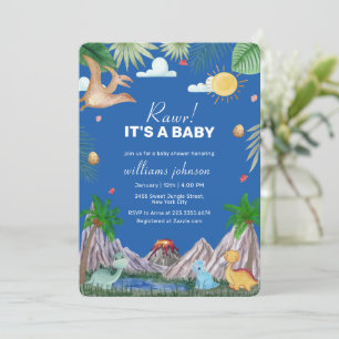 Blauw Rawr Vulkan Berg Dinosaur Baby Shower Kaart