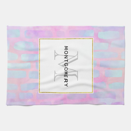 Blauw rechthoekig patroon Patroonmonogram Theedoek (Horizontaal)