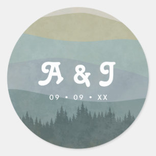 Blauw Retro Bergen en Bos Bruiloft Monogram Ronde Sticker