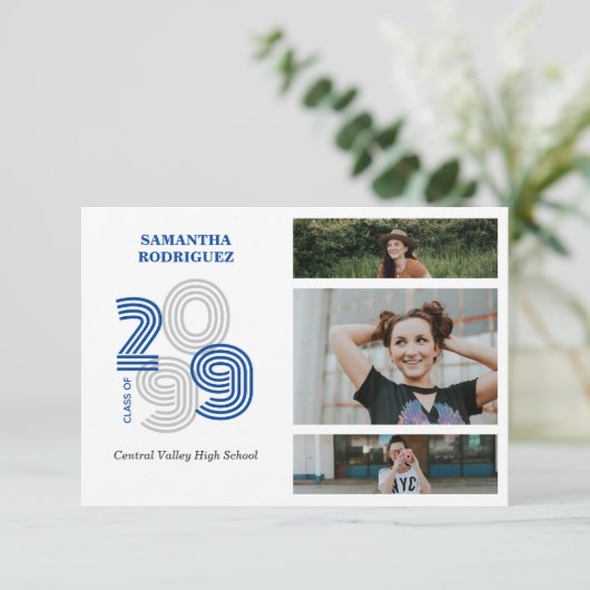 Blauw Retro Big Numbers 3-foto Afstuderen Kaart (Staand voorkant)