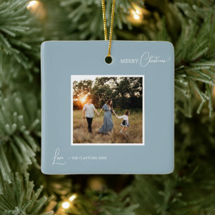 Blauw Retro Boho Minimalistisch Foto Prettig Kerst Keramisch Ornament