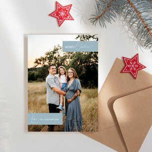 Blauw Retro Boho Minimalistische Gezinsportret Feestdagenkaart