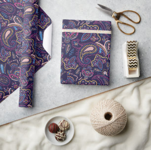 Blauw retro etnisch vintage paisley bloempatroon cadeaupapier