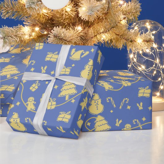 Blauw Retro Kerstpatroon Cadeaupapier (Feestdagen)