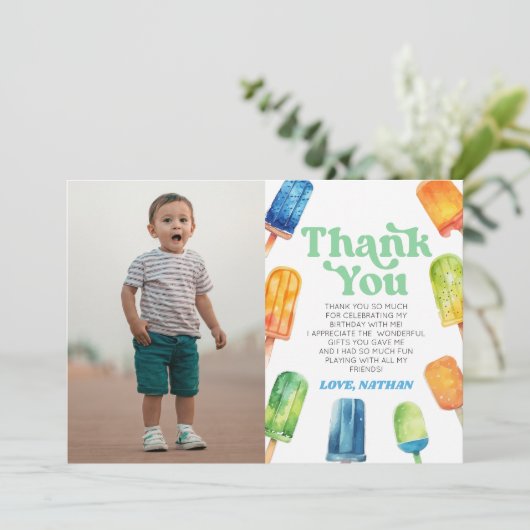 Blauw Retro Popsicle Custom Afbeelding Verjaardags Bedankkaart (Staand voorkant)