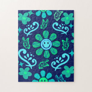 Blauw Retro Stijl Bloem- en Zonnesymboolpatroon Legpuzzel