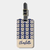 Blauw Retro Vibe Blad Patroon Monogram Bagagelabel (Voorkant verticaal)