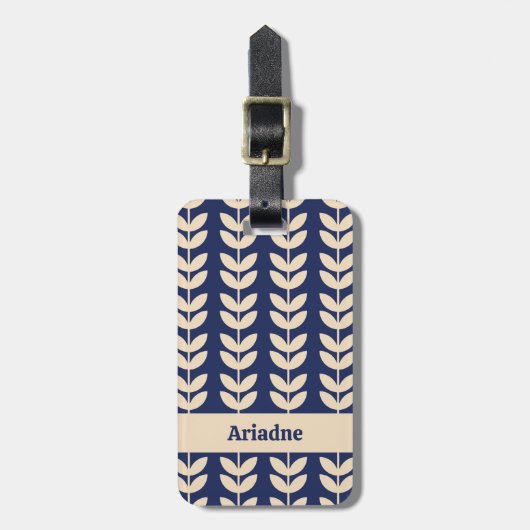 Blauw Retro Vibe Blad Patroon Monogram Bagagelabel (Voorkant verticaal)