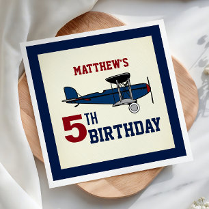 Blauw Retro Vliegtuig Verjaardagsfeestpapier Servet