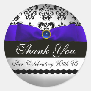 BLAUW RIBBON BLACK & WHITE DAMASK Sapphire Ronde Sticker