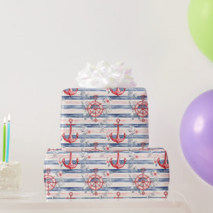 Blauw Rode Ankers Bloem Strepen Strand Verjaardag Cadeaupapier