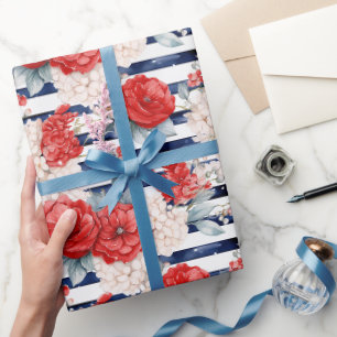 Blauw Rode Ankers Bloem Strepen Strand Verjaardag Cadeaupapier